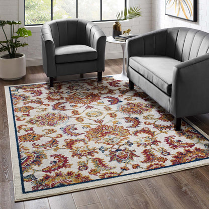 Modway Outlet Entourage Azami Distressed Vintage Floral Lattice 5x8 Area Rug by Modway  Living Room Rugs Ivory Blue Orange Yellow Red - R-1171A-58