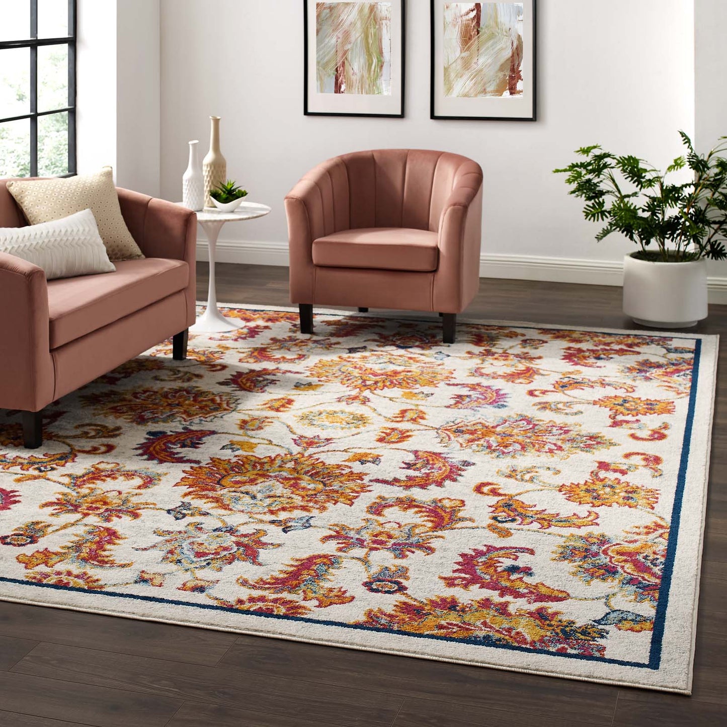 Modway Outlet Entourage Azami Distressed Vintage Floral Lattice 8x10 Area Rug by Modway  Living Room Rugs Ivory Blue Orange Yellow Red - R-1171A-810