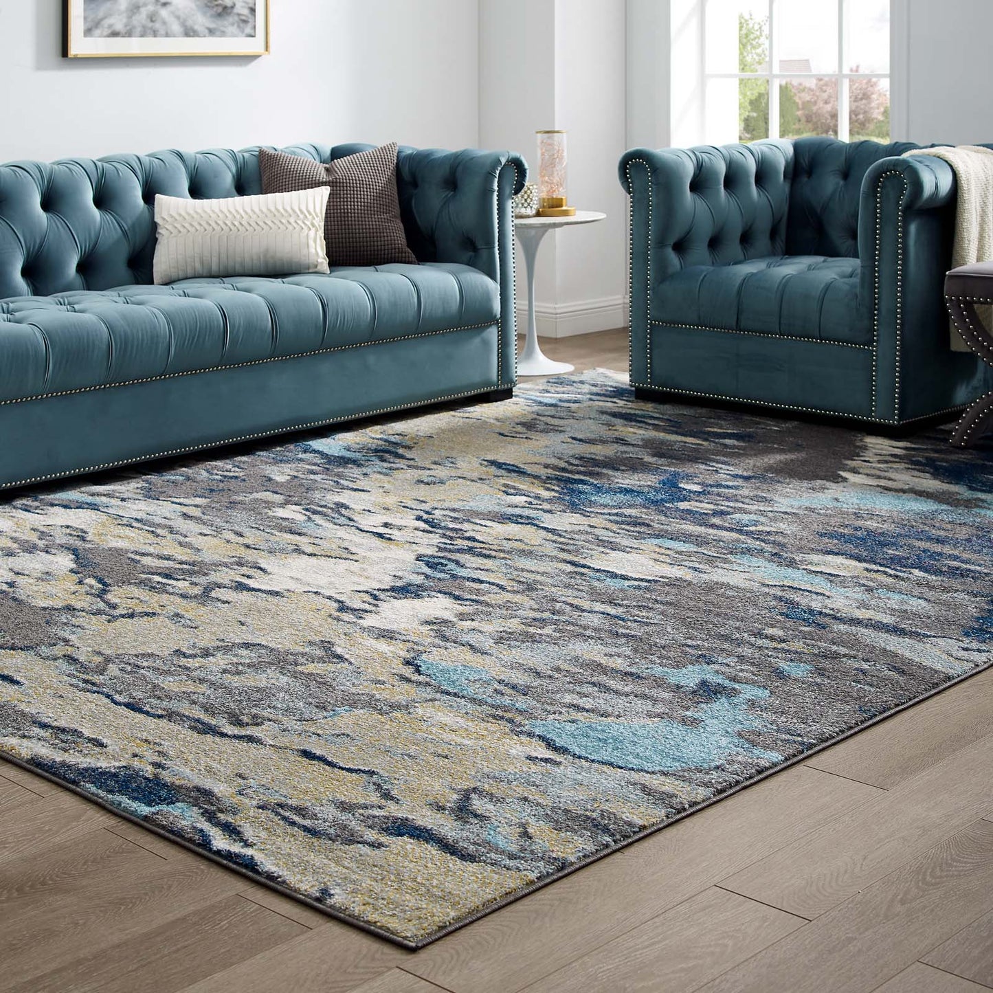 Modway Outlet Entourage Foliage Contemporary Modern Abstract 8x10 Area Rug by Modway  Living Room Rugs Blue Tan Gray - R-1172B-810