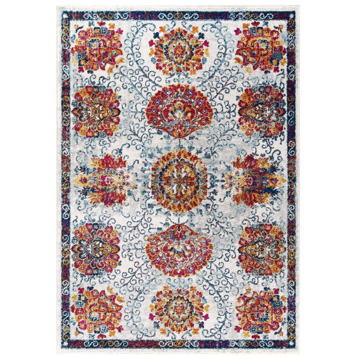 Modway Outlet Entourage Kensie Distressed Floral Moroccan Trellis 5x8 Area Rug by Modway  Living Room Rugs Ivory Blue Red Orange Yellow - R-1173A-58