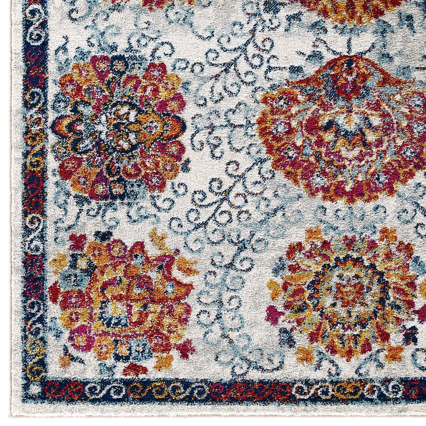 Modway Outlet Entourage Kensie Distressed Floral Moroccan Trellis 5x8 Area Rug by Modway  Living Room Rugs Ivory Blue Red Orange Yellow - R-1173A-58