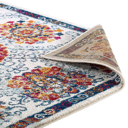 Modway Outlet Entourage Kensie Distressed Floral Moroccan Trellis 5x8 Area Rug by Modway  Living Room Rugs Ivory Blue Red Orange Yellow - R-1173A-58