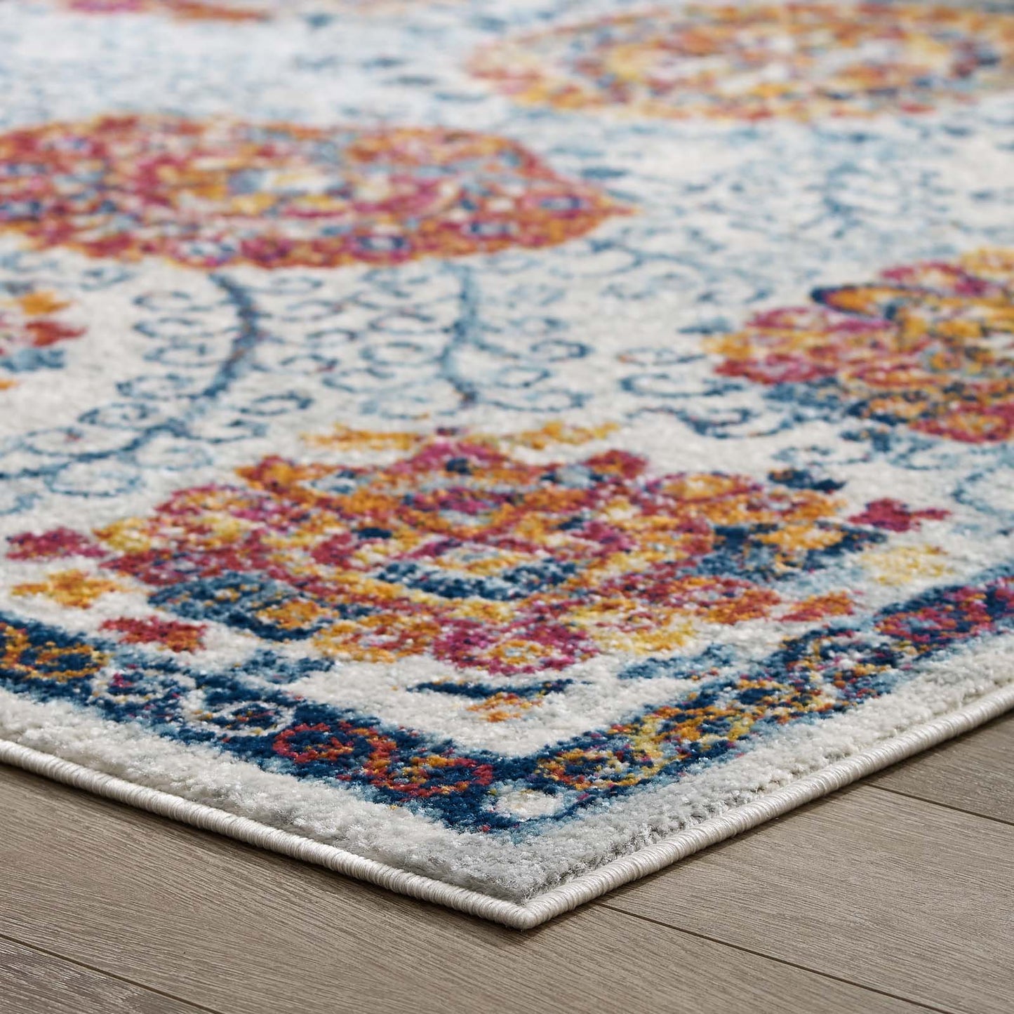 Modway Outlet Entourage Kensie Distressed Floral Moroccan Trellis 5x8 Area Rug by Modway  Living Room Rugs Ivory Blue Red Orange Yellow - R-1173A-58
