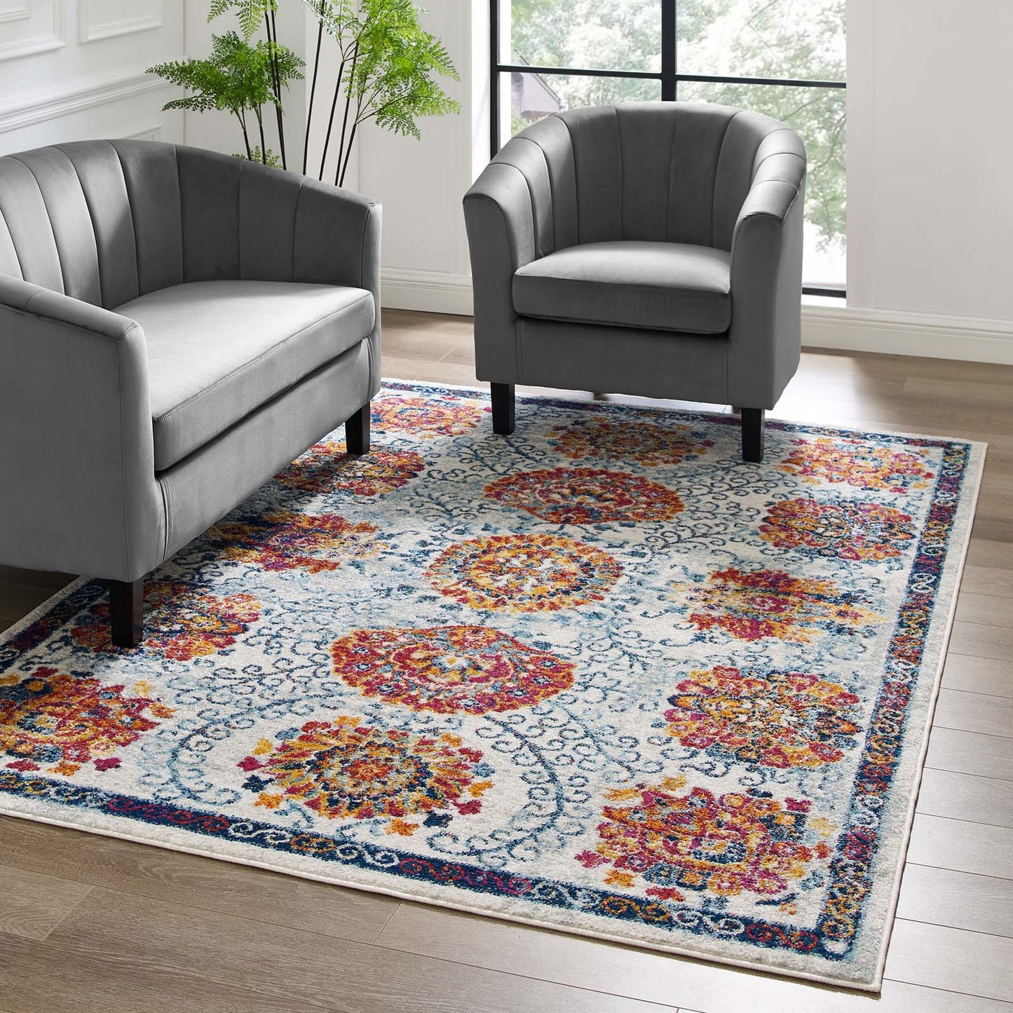 Modway Outlet Entourage Kensie Distressed Floral Moroccan Trellis 5x8 Area Rug by Modway  Living Room Rugs Ivory Blue Red Orange Yellow - R-1173A-58