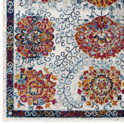 Modway Outlet Entourage Kensie Distressed Floral Moroccan Trellis 8x10 Area Rug by Modway  Living Room Rugs Ivory Blue Red Orange Yellow - R-1173A-810