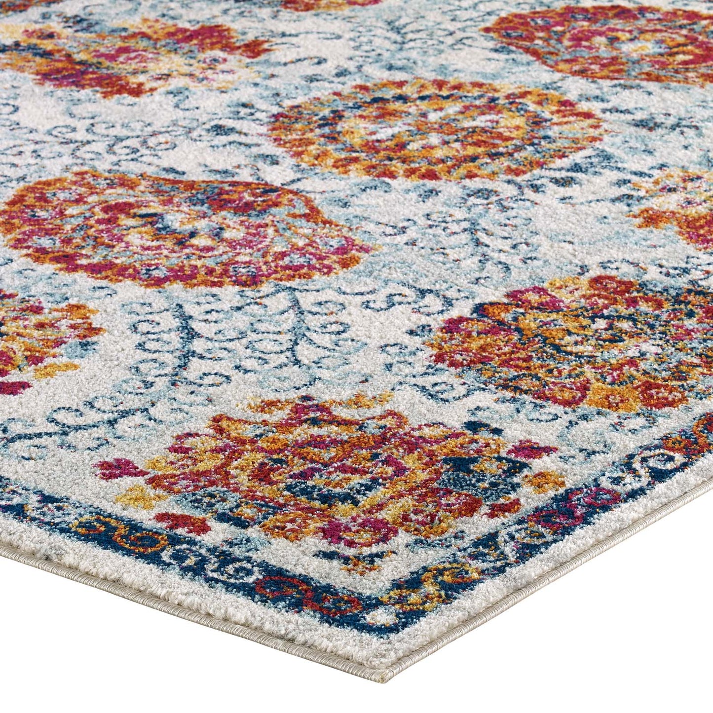 Modway Outlet Entourage Kensie Distressed Floral Moroccan Trellis 8x10 Area Rug by Modway  Living Room Rugs Ivory Blue Red Orange Yellow - R-1173A-810