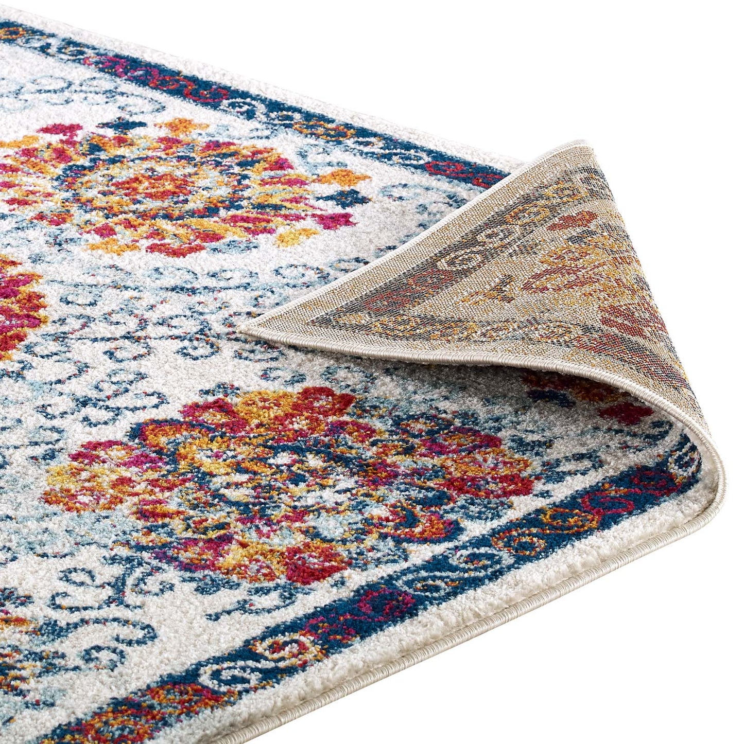 Modway Outlet Entourage Kensie Distressed Floral Moroccan Trellis 8x10 Area Rug by Modway  Living Room Rugs Ivory Blue Red Orange Yellow - R-1173A-810