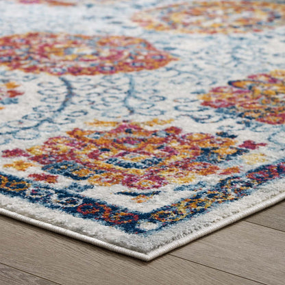 Modway Outlet Entourage Kensie Distressed Floral Moroccan Trellis 8x10 Area Rug by Modway  Living Room Rugs Ivory Blue Red Orange Yellow - R-1173A-810