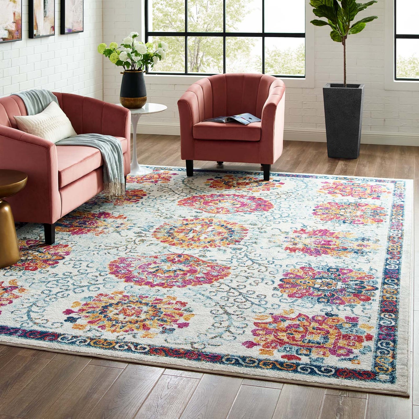 Modway Outlet Entourage Kensie Distressed Floral Moroccan Trellis 8x10 Area Rug by Modway  Living Room Rugs Ivory Blue Red Orange Yellow - R-1173A-810