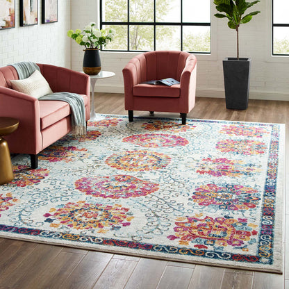Modway Outlet Entourage Kensie Distressed Floral Moroccan Trellis 8x10 Area Rug by Modway  Living Room Rugs Ivory Blue Red Orange Yellow - R-1173A-810