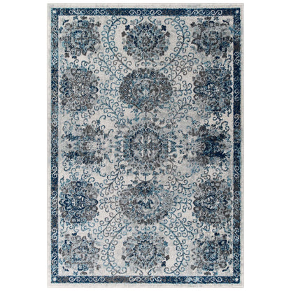 Modway Outlet Entourage Kensie Distressed Floral Moroccan Trellis 5x8 Area Rug by Modway  Living Room Rugs Ivory and Blue - R-1173B-58