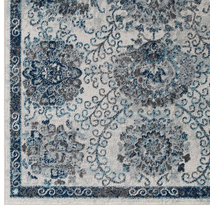 Modway Outlet Entourage Kensie Distressed Floral Moroccan Trellis 5x8 Area Rug by Modway  Living Room Rugs Ivory and Blue - R-1173B-58
