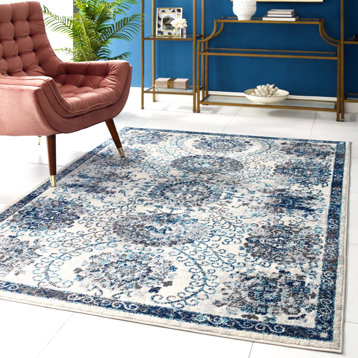 Modway Outlet Entourage Kensie Distressed Floral Moroccan Trellis 5x8 Area Rug by Modway  Living Room Rugs Ivory and Blue - R-1173B-58