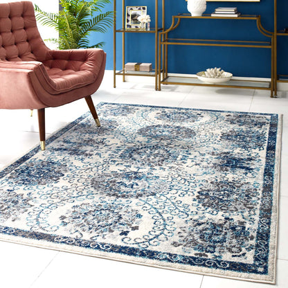 Modway Outlet Entourage Kensie Distressed Floral Moroccan Trellis 5x8 Area Rug by Modway  Living Room Rugs Ivory and Blue - R-1173B-58