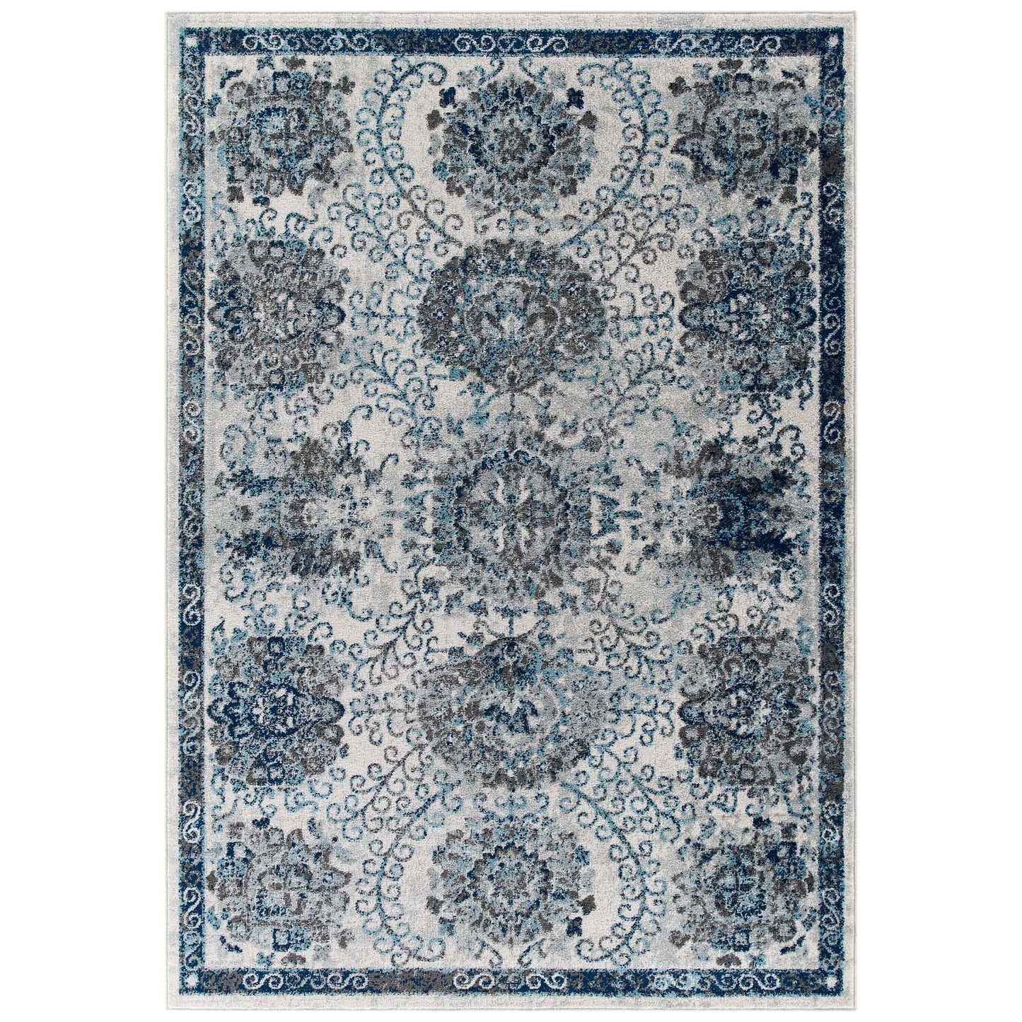 Modway Outlet Entourage Kensie Distressed Floral Moroccan Trellis 8x10 Area Rug by Modway  Living Room Rugs Ivory and Blue - R-1173B-810