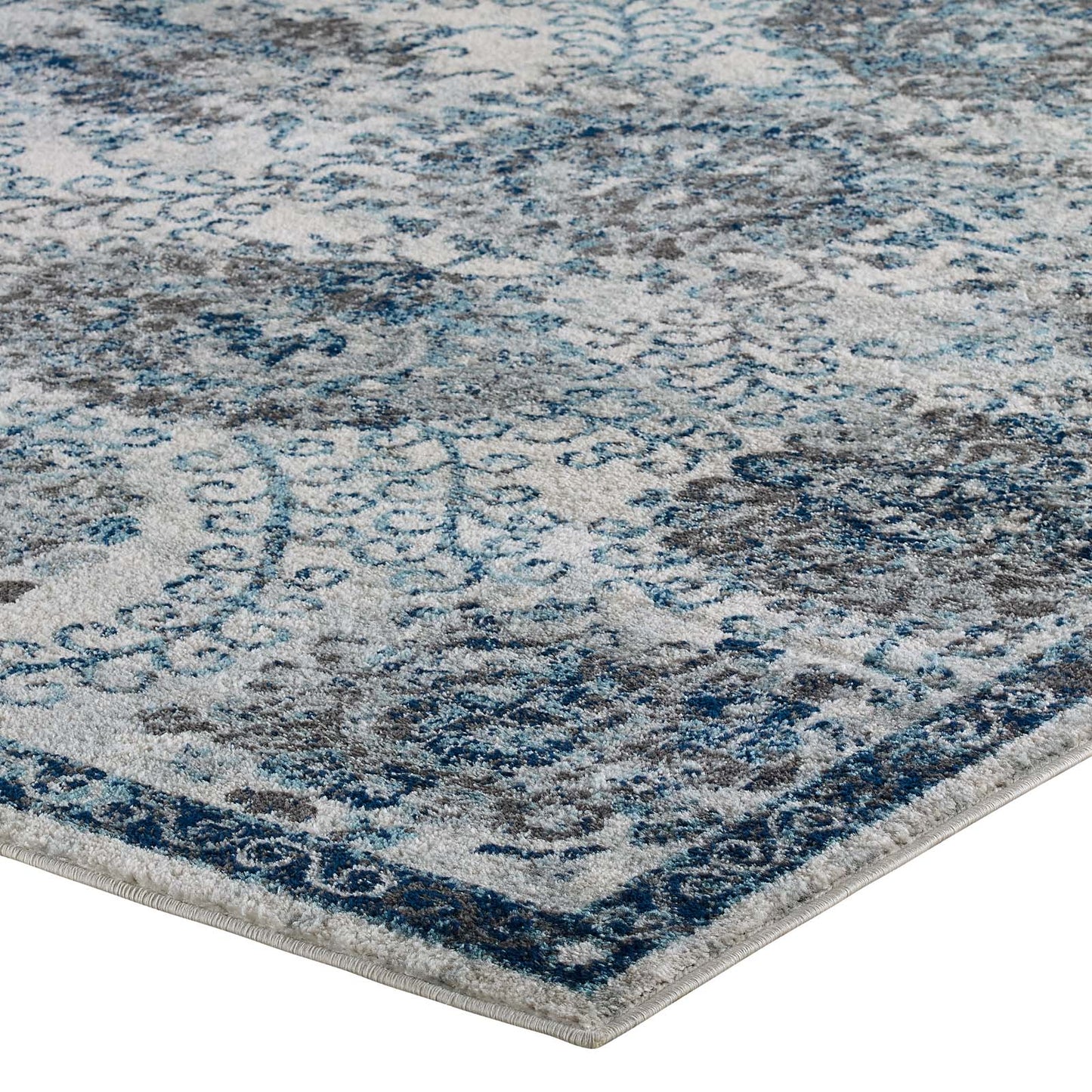 Modway Outlet Entourage Kensie Distressed Floral Moroccan Trellis 8x10 Area Rug by Modway  Living Room Rugs Ivory and Blue - R-1173B-810
