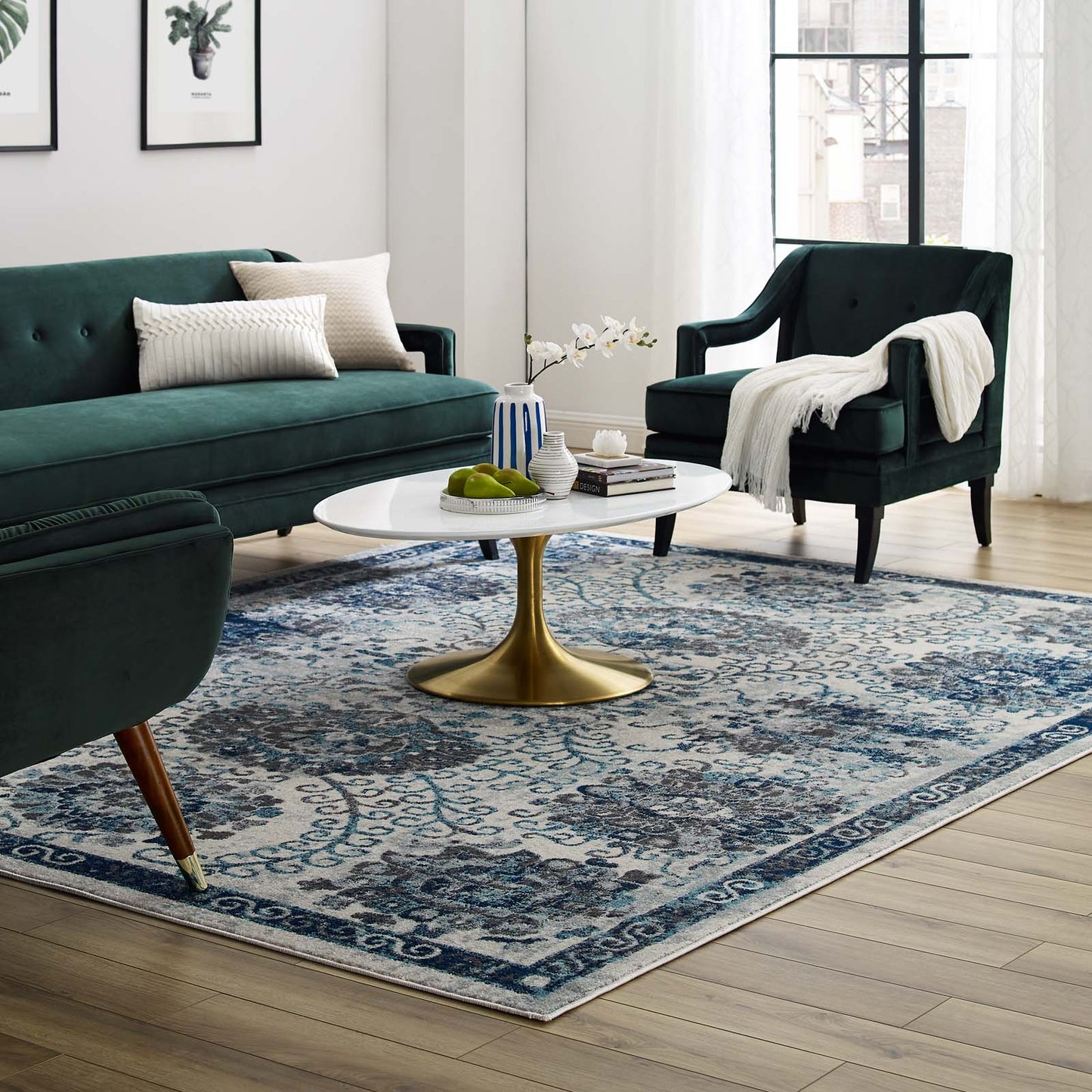 Modway Outlet Entourage Kensie Distressed Floral Moroccan Trellis 8x10 Area Rug by Modway  Living Room Rugs Ivory and Blue - R-1173B-810