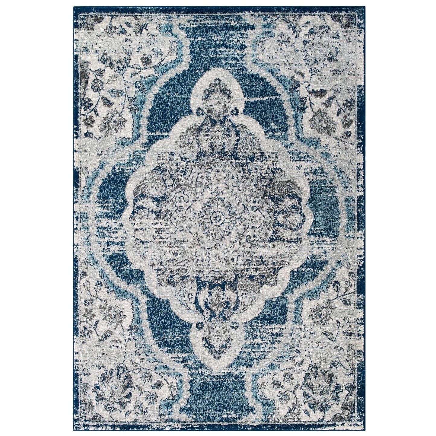 Modway Outlet Entourage Malia Distressed Vintage Floral Vintage Medallion 5x8 Area Rug by Modway  Living Room Rugs Ivory and Blue - R-1175B-58