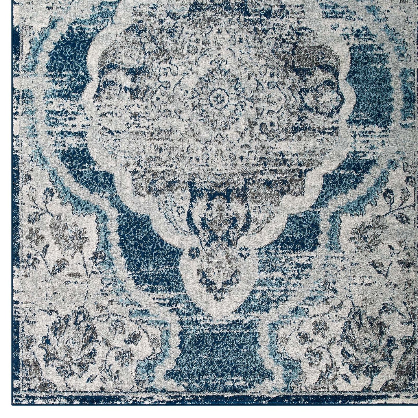 Modway Outlet Entourage Malia Distressed Vintage Floral Vintage Medallion 5x8 Area Rug by Modway  Living Room Rugs Ivory and Blue - R-1175B-58