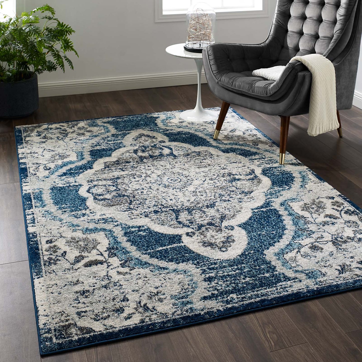 Modway Outlet Entourage Malia Distressed Vintage Floral Vintage Medallion 5x8 Area Rug by Modway  Living Room Rugs Ivory and Blue - R-1175B-58