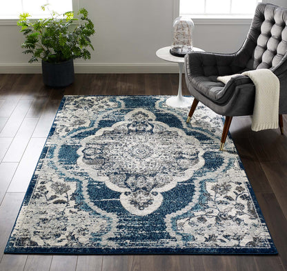 Modway Outlet Entourage Malia Distressed Vintage Floral Vintage Medallion 5x8 Area Rug by Modway  Living Room Rugs Ivory and Blue - R-1175B-58
