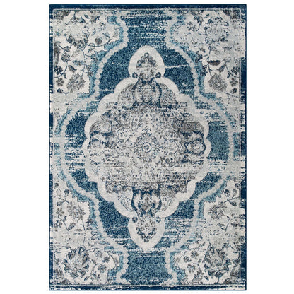 Modway Outlet Entourage Malia Distressed Vintage Floral Vintage Medallion 8x10 Area Rug by Modway  Living Room Rugs Ivory and Blue - R-1175B-810
