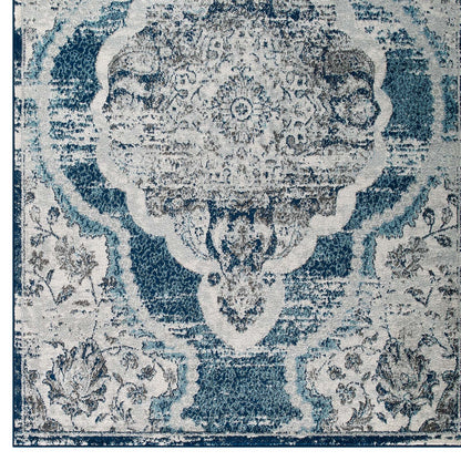 Modway Outlet Entourage Malia Distressed Vintage Floral Vintage Medallion 8x10 Area Rug by Modway  Living Room Rugs Ivory and Blue - R-1175B-810