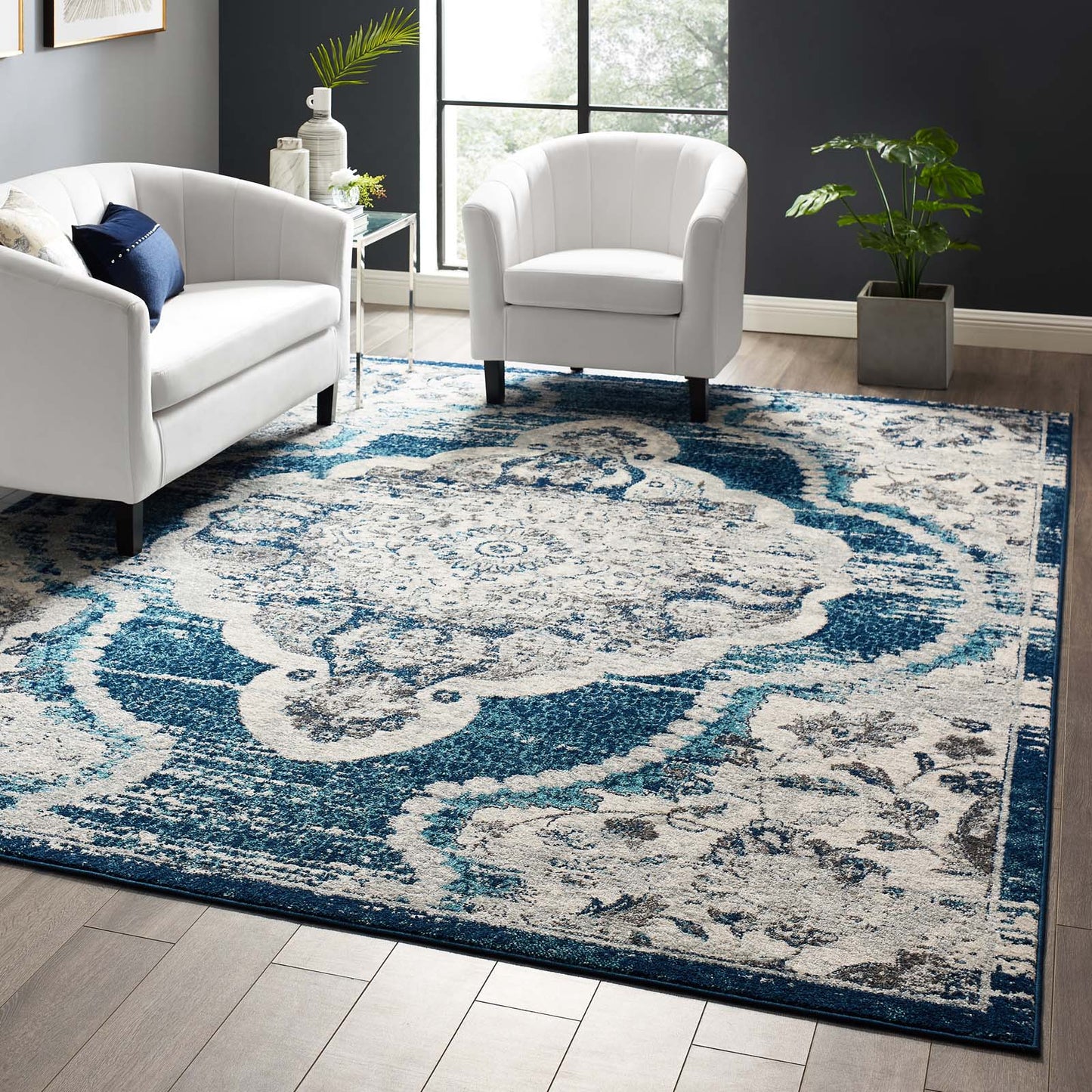 Modway Outlet Entourage Malia Distressed Vintage Floral Vintage Medallion 8x10 Area Rug by Modway  Living Room Rugs Ivory and Blue - R-1175B-810