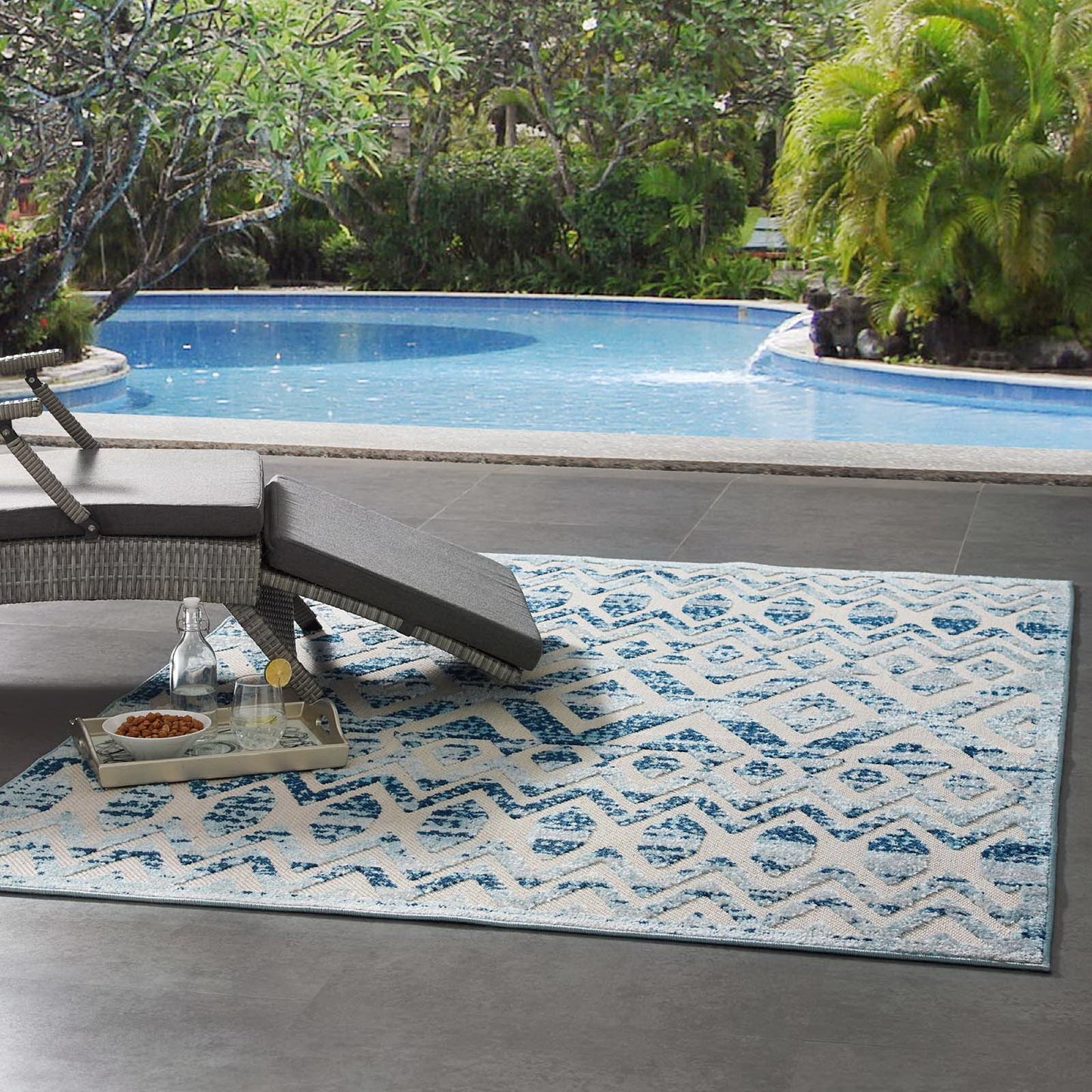 Modway Outlet Reflect Tamako Diamond and Chevron Moroccan Trellis 5x8 Indoor / Outdoor Area Rug by Modway  Living Room Rugs Ivory and Blue - R-1177A-58