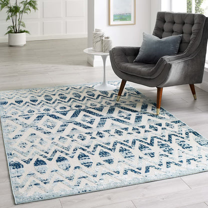 Modway Outlet Reflect Tamako Diamond and Chevron Moroccan Trellis 5x8 Indoor / Outdoor Area Rug by Modway  Living Room Rugs Ivory and Blue - R-1177A-58