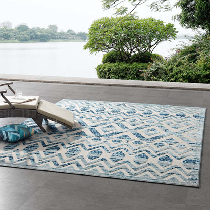 Modway Outlet Reflect Tamako Diamond and Chevron Moroccan Trellis 8x10 Indoor / Outdoor Area Rug by Modway  Living Room Rugs Ivory and Blue - R-1177A-810