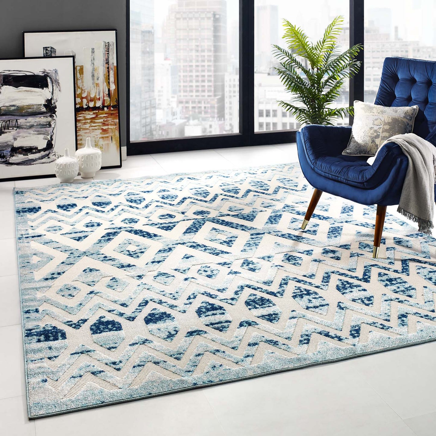 Modway Outlet Reflect Tamako Diamond and Chevron Moroccan Trellis 8x10 Indoor / Outdoor Area Rug by Modway  Living Room Rugs Ivory and Blue - R-1177A-810