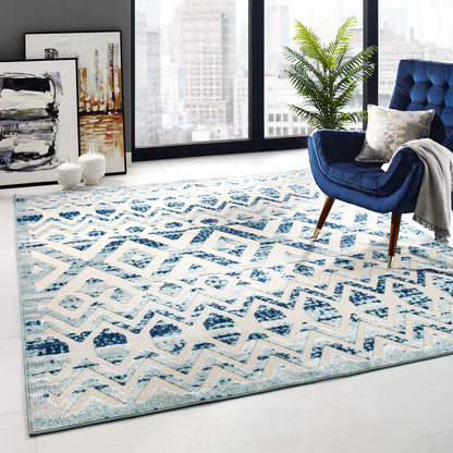 Modway Outlet Reflect Tamako Diamond and Chevron Moroccan Trellis 8x10 Indoor / Outdoor Area Rug by Modway  Living Room Rugs Ivory and Blue - R-1177A-810