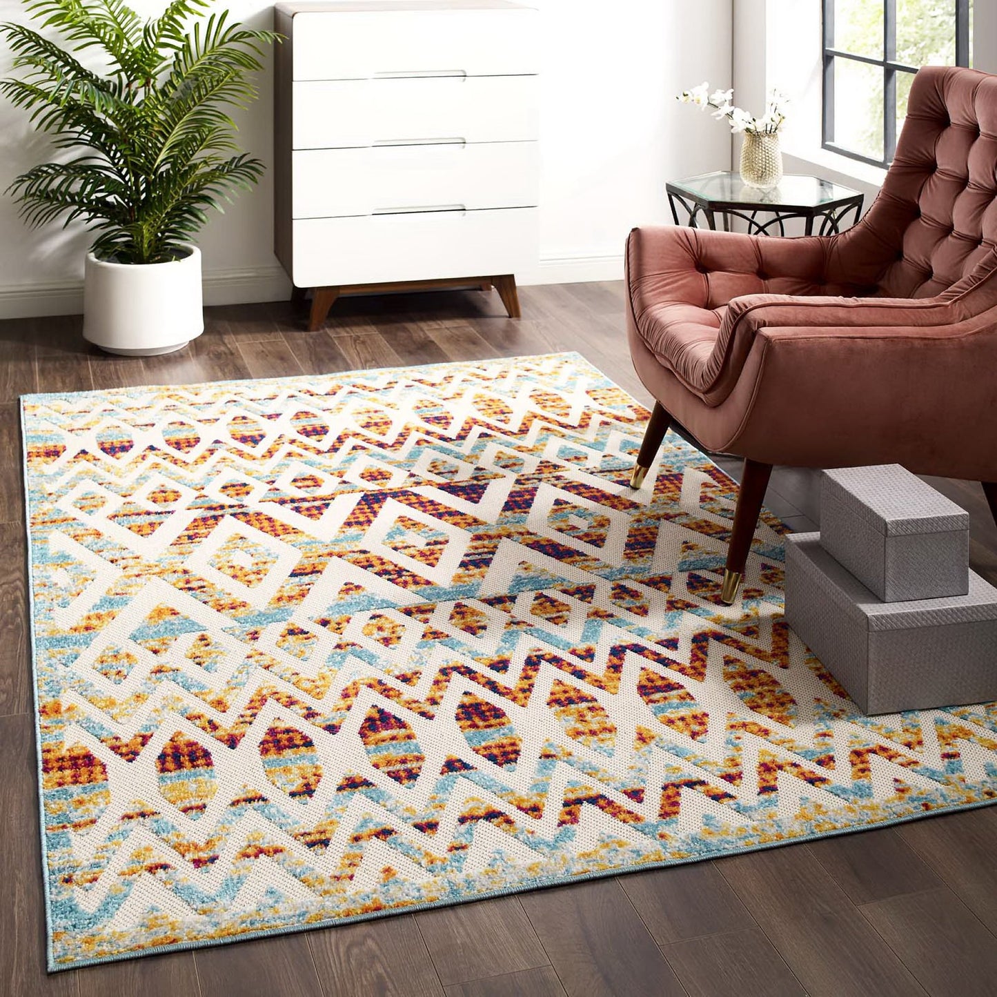 Modway Outlet Reflect Tamako Diamond and Chevron Moroccan Trellis 5x8 Indoor / Outdoor Area Rug by Modway  Living Room Rugs Multicolored - R-1177B-58