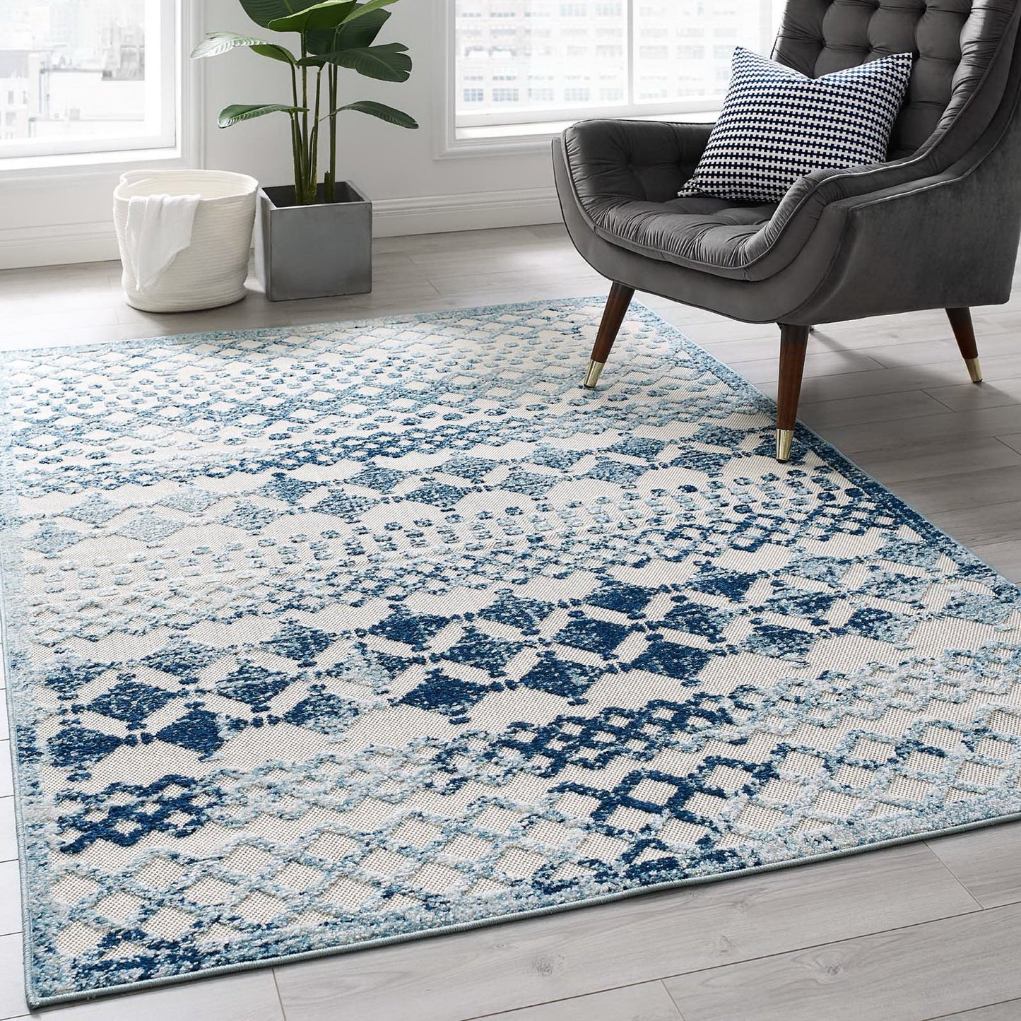 Modway Outlet Reflect Giada Abstract Diamond Moroccan Trellis 5x8 Indoor/Outdoor Area Rug by Modway  Living Room Rugs Ivory and Blue - R-1178A-58