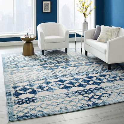 Modway Outlet Reflect Giada Abstract Diamond Moroccan Trellis 8x10 Indoor/Outdoor Area Rug by Modway  Living Room Rugs Ivory and Blue - R-1178A-810