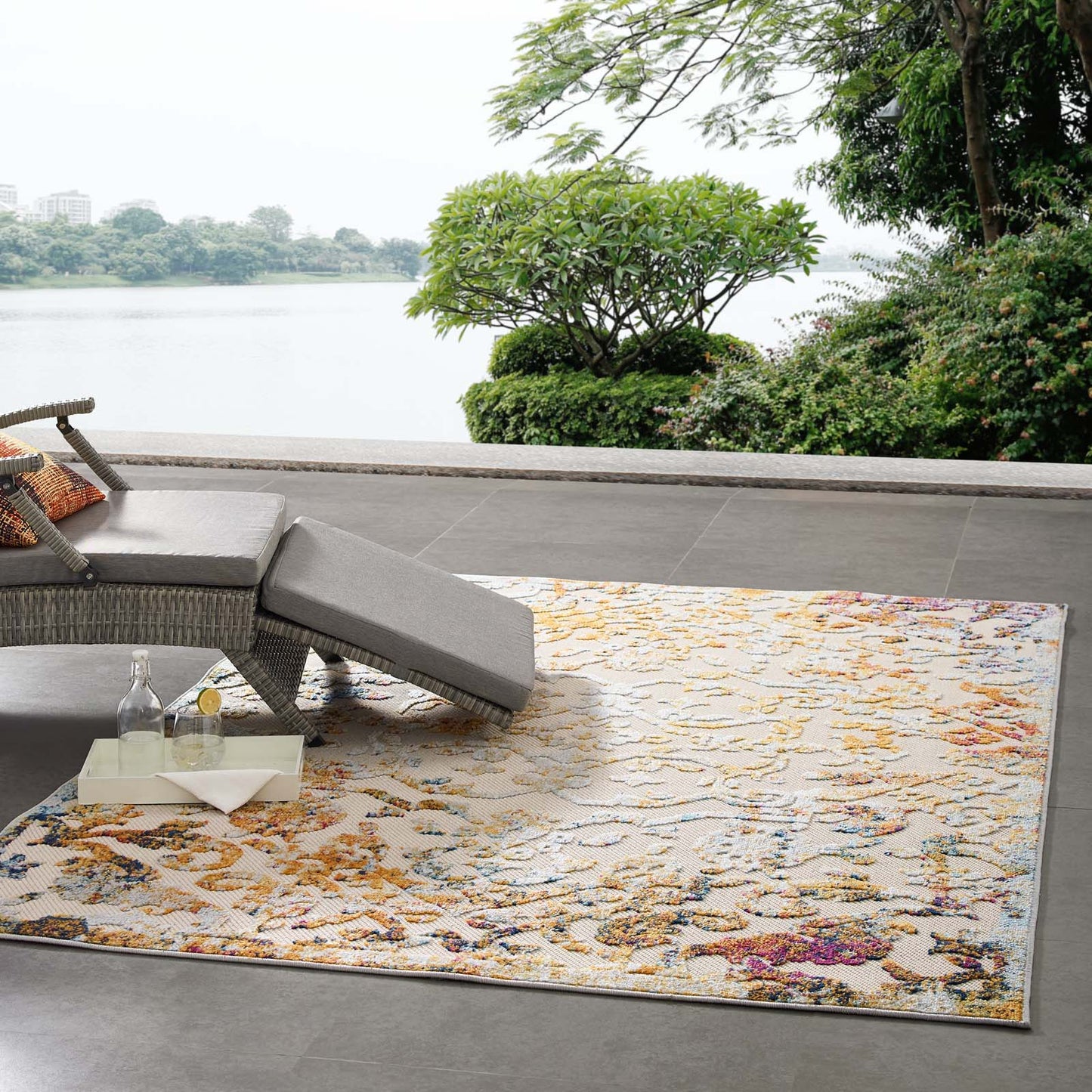 Modway Outlet Reflect Primrose Ornate Floral Lattice 5x8 Indoor/Outdoor Area Rug by Modway  Living Room Rugs Ivory Light Blue Multicolored - R-1179A-58