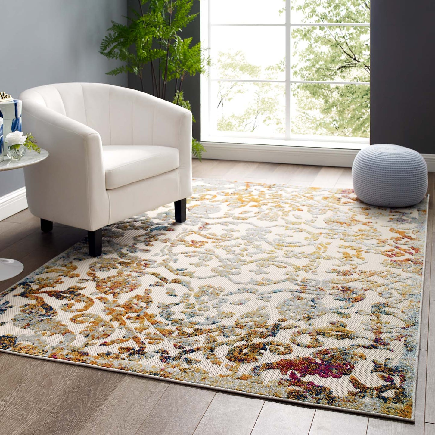 Modway Outlet Reflect Primrose Ornate Floral Lattice 5x8 Indoor/Outdoor Area Rug by Modway  Living Room Rugs Ivory Light Blue Multicolored - R-1179A-58