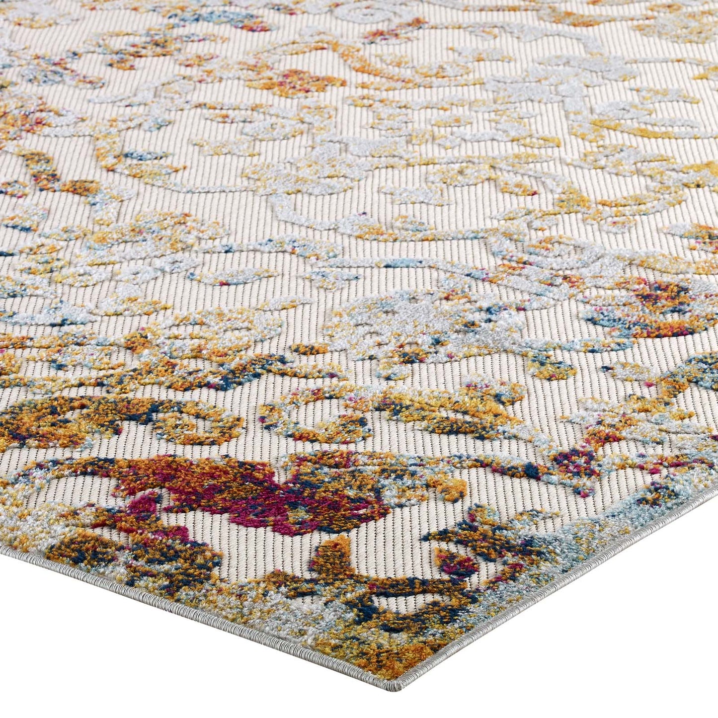 Modway Outlet Reflect Primrose Ornate Floral Lattice 8x10 Indoor/Outdoor Area Rug by Modway  Living Room Rugs Ivory Light Blue Multicolored - R-1179A-810