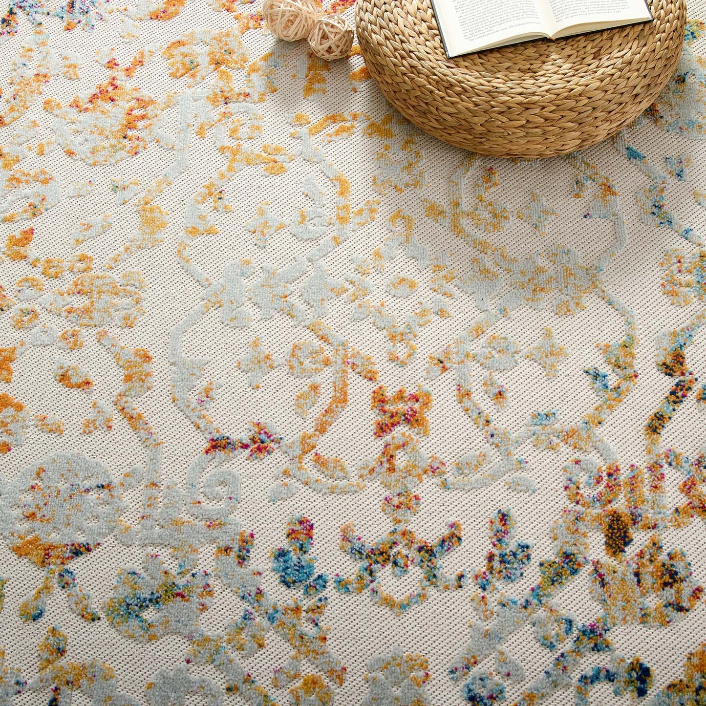 Modway Outlet Reflect Primrose Ornate Floral Lattice 8x10 Indoor/Outdoor Area Rug by Modway  Living Room Rugs Ivory Light Blue Multicolored - R-1179A-810