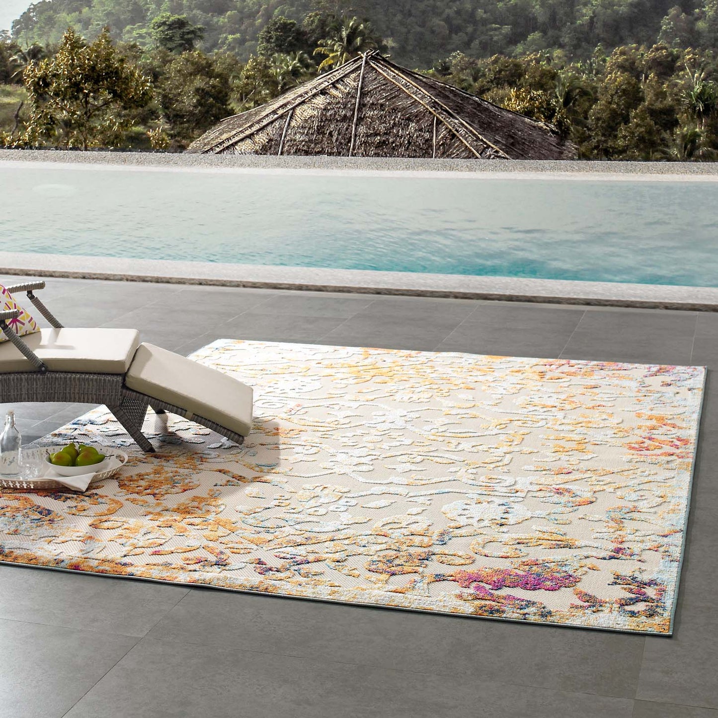 Modway Outlet Reflect Primrose Ornate Floral Lattice 8x10 Indoor/Outdoor Area Rug by Modway  Living Room Rugs Ivory Light Blue Multicolored - R-1179A-810