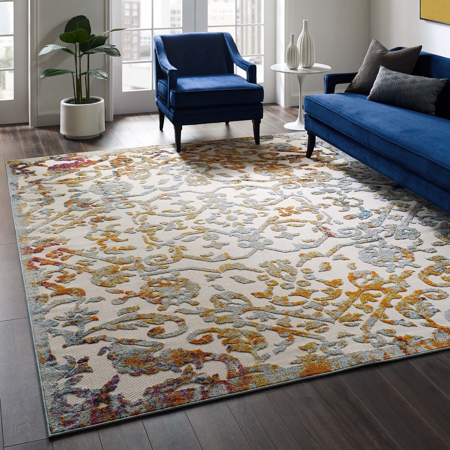 Modway Outlet Reflect Primrose Ornate Floral Lattice 8x10 Indoor/Outdoor Area Rug by Modway  Living Room Rugs Ivory Light Blue Multicolored - R-1179A-810