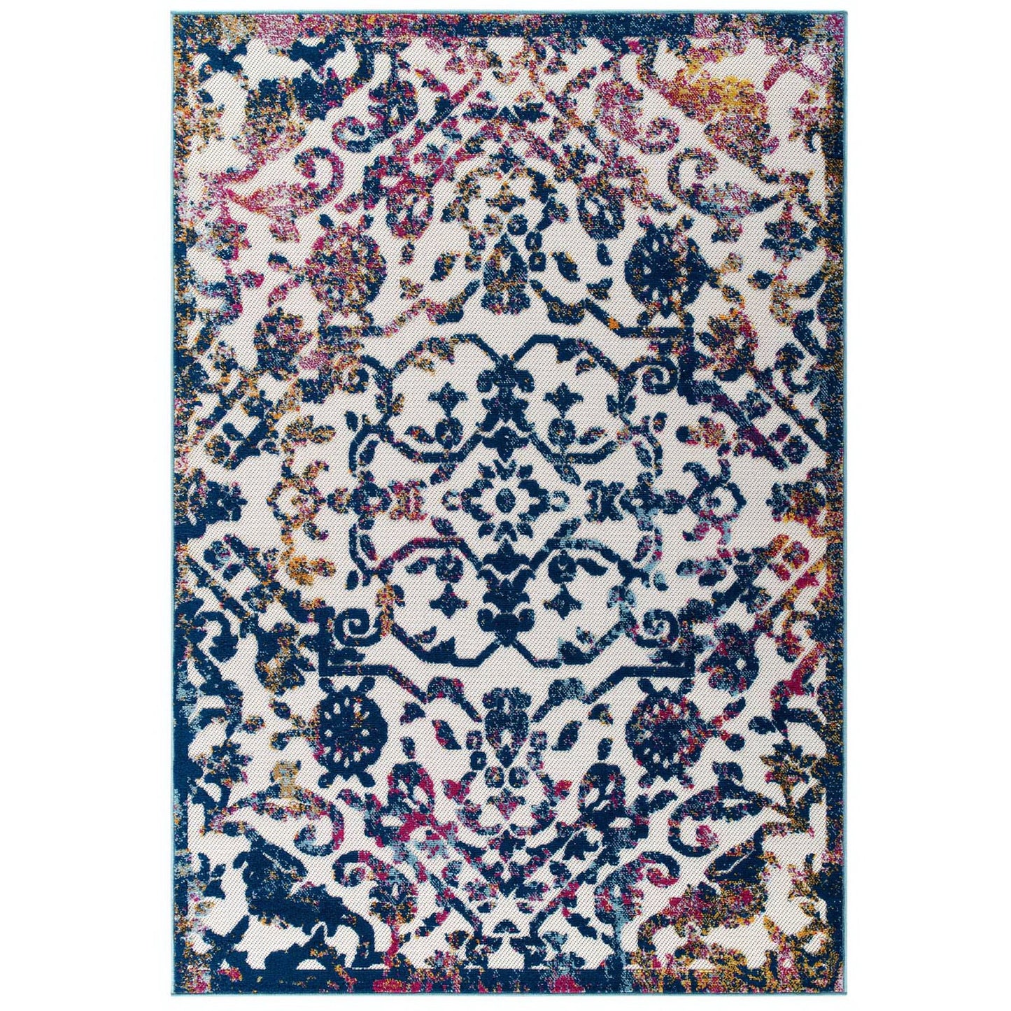 Modway Outlet Reflect Primrose Ornate Floral Lattice 5x8 Indoor/Outdoor Area Rug by Modway  Living Room Rugs Ivory Dark Blue Multicolored - R-1179B-58
