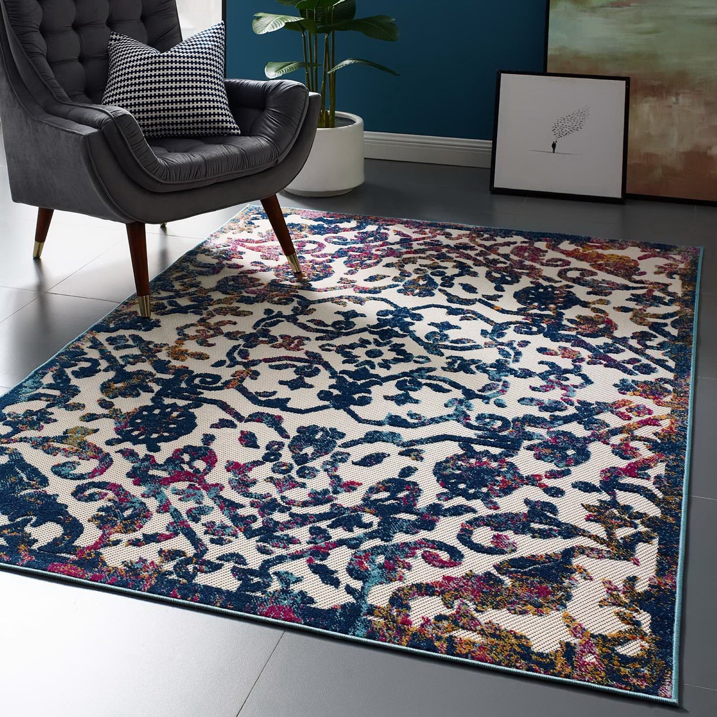 Modway Outlet Reflect Primrose Ornate Floral Lattice 5x8 Indoor/Outdoor Area Rug by Modway  Living Room Rugs Ivory Dark Blue Multicolored - R-1179B-58