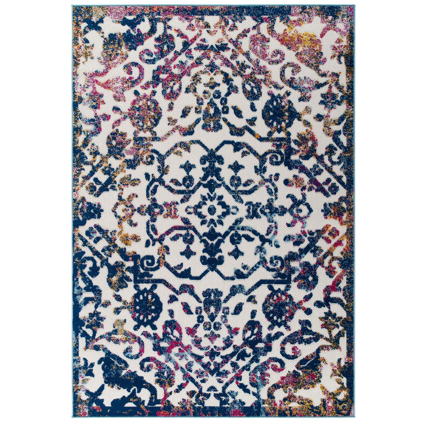 Modway Outlet Reflect Primrose Ornate Floral Lattice 8x10 Indoor/Outdoor Area Rug by Modway  Living Room Rugs Ivory Dark Blue Multicolored - R-1179B-810