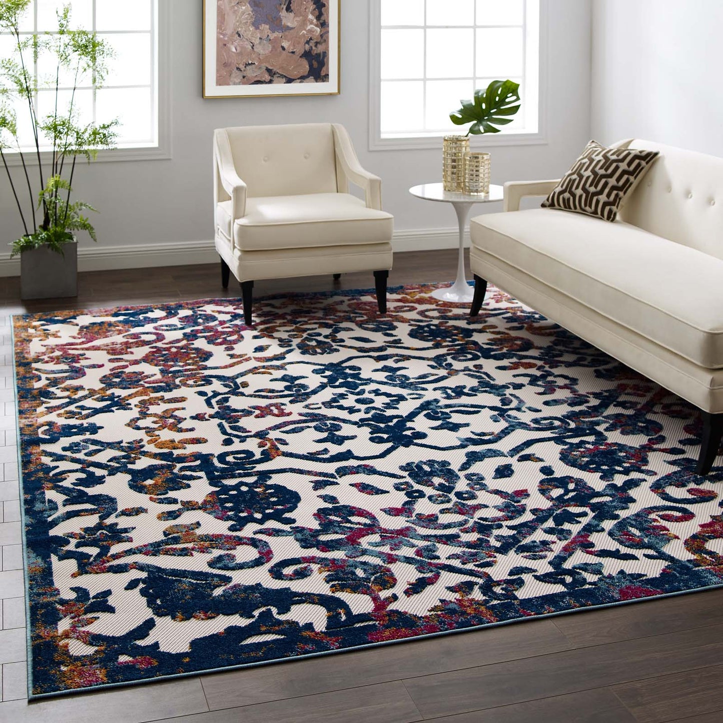 Modway Outlet Reflect Primrose Ornate Floral Lattice 8x10 Indoor/Outdoor Area Rug by Modway  Living Room Rugs Ivory Dark Blue Multicolored - R-1179B-810