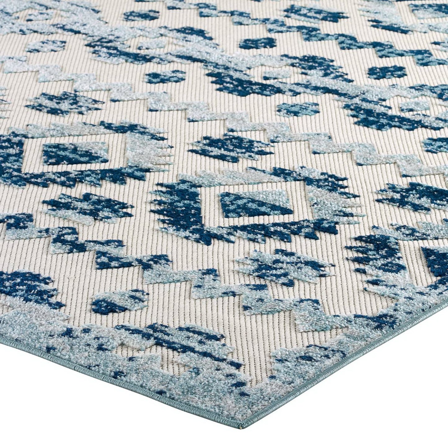 Modway Outlet Reflect Takara Abstract Diamond Moroccan Trellis 5x8 Indoor and Outdoor Area Rug by Modway  Living Room Rugs Ivory and Blue - R-1180A-58