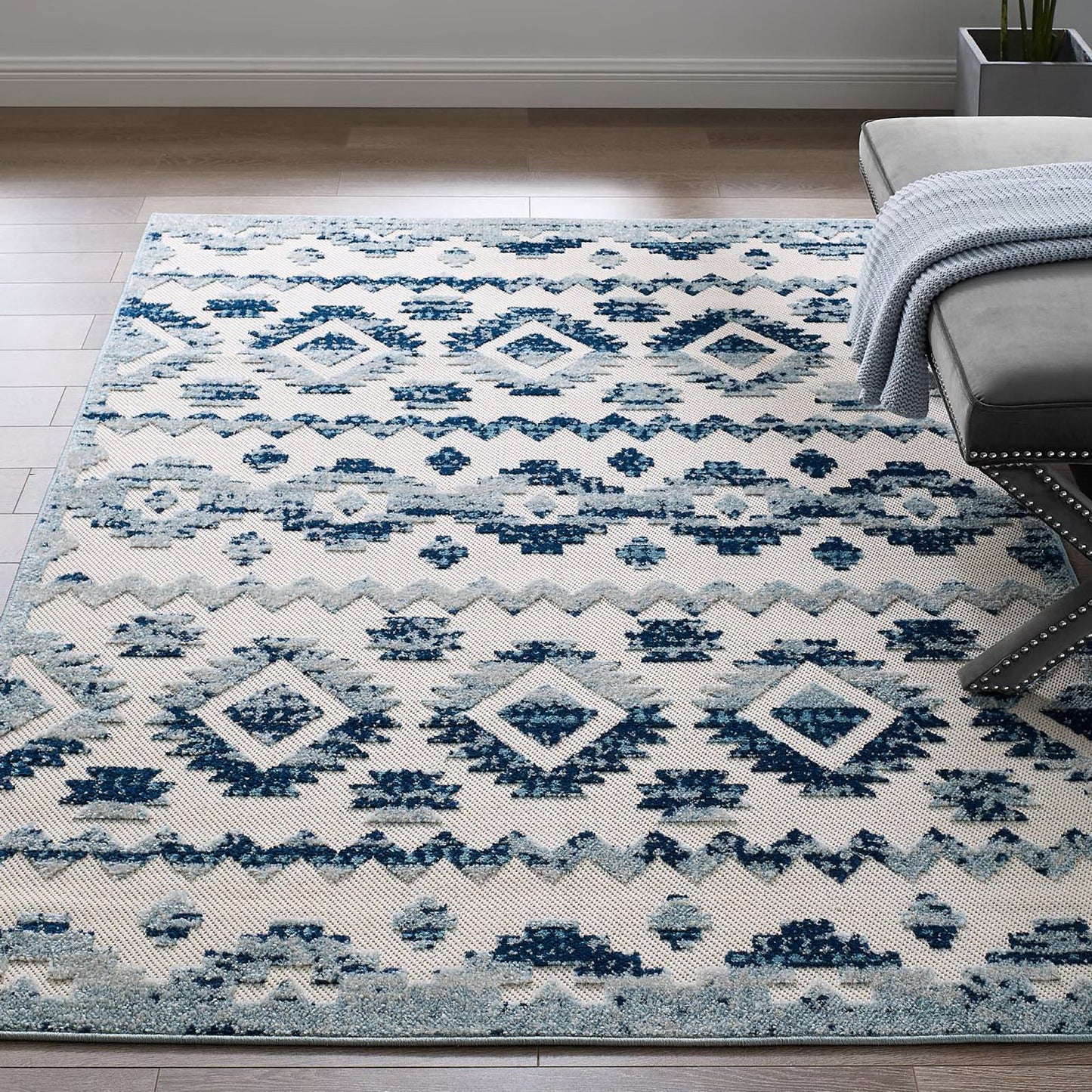 Modway Outlet Reflect Takara Abstract Diamond Moroccan Trellis 5x8 Indoor and Outdoor Area Rug by Modway  Living Room Rugs Ivory and Blue - R-1180A-58