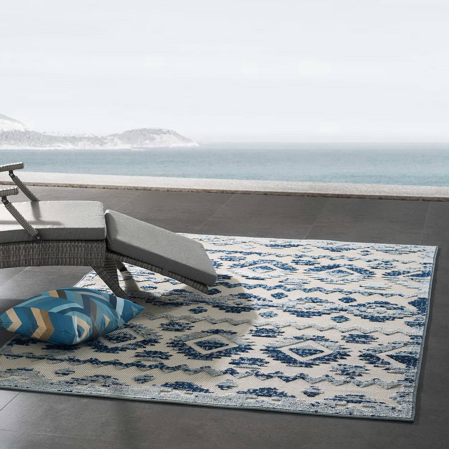Modway Outlet Reflect Takara Abstract Diamond Moroccan Trellis 5x8 Indoor and Outdoor Area Rug by Modway  Living Room Rugs Ivory and Blue - R-1180A-58