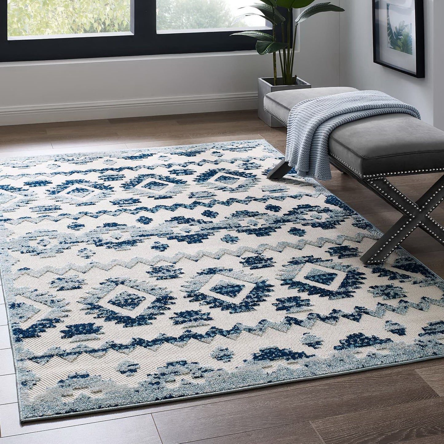Modway Outlet Reflect Takara Abstract Diamond Moroccan Trellis 5x8 Indoor and Outdoor Area Rug by Modway  Living Room Rugs Ivory and Blue - R-1180A-58